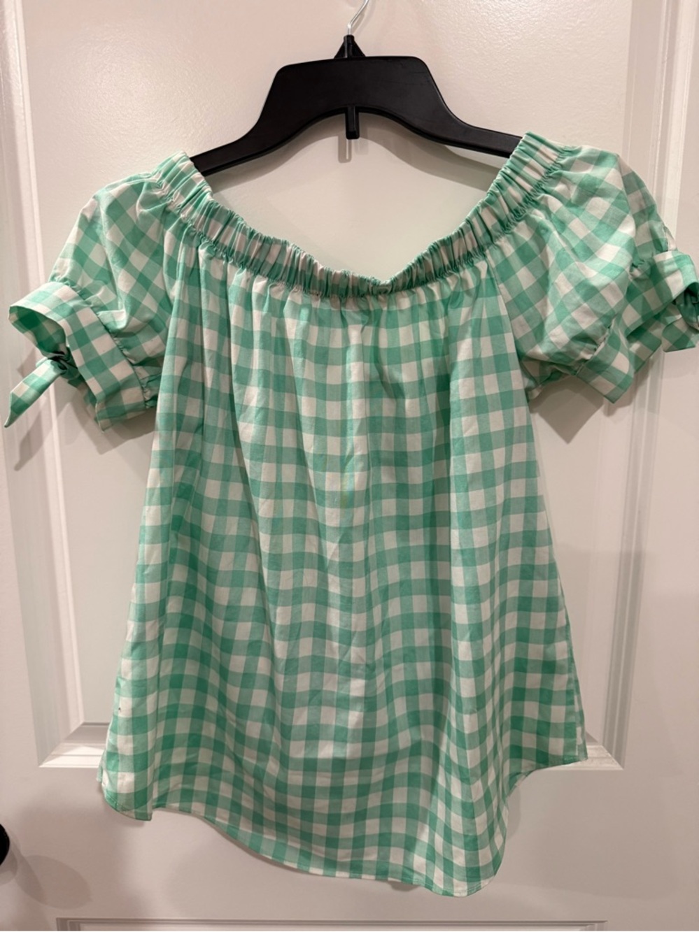 Gingham Off-Shoulder Blouse in Mint Green